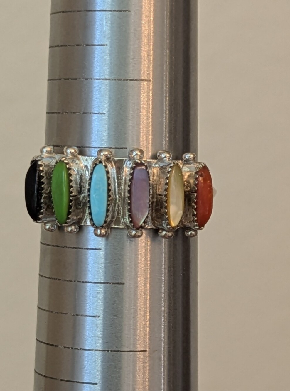 Janice Paloma Zuni Sterling Silver Rainbow Inlay Ring Size 7.75 Signed PALOMA